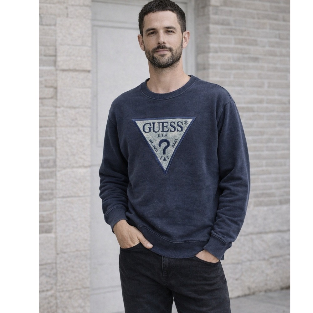 GUESS Est 1981 Mens Small Sweatshirt Navy Blue Embroidered Triangle Logo Retro
